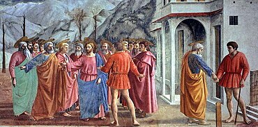 Fresco. Jesus' disciples question him anxiously. Jesus gestures for St Peter to go to the lake. At right, Peter gives a coin, found in the fish, to a tax-collector