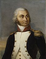 Color-tint print of a large-eyed man with his hair cut in the late 1700s style. He wears a dark blue military coat with a line of yellow braid.
