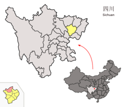 Location of Langzhong City (red) in Nanchong City (yellow) and Sichuan
