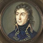 Painting shows a clean-shaven man with long brown hair. He wears a dark blue military uniform with a yellow embroidered collar.