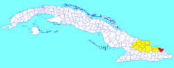 Moa municipality (red) within Holguín Province (yellow) and Cuba
