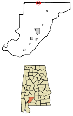 Location of Vredenburgh in Monroe County, Alabama.