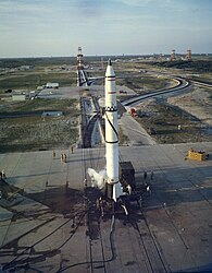 Preparations on 16 May 1958 for the first Redstone launch on 17 May conducted by US Army troops. Battery A, 217th Field Artillery Missile Battalion, 40th Artillery Group (Redstone); Cape Canaveral, Florida; Launch Complex 5