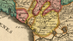 Detail of a French map of Italy from c. 1700–1750 showing the territory of the Republic of Lucca. The map was designed by Nicolas Sanson (1600-1667) and published after his death by Covens & Mortier.