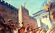 U.S. soldiers defending a fort in Peking while a zhengyangmen in the background burns