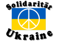 Ukrainische Flagge mit Friedenszeichen und Solidaritäts-Text (SVG) (PDF-Version)