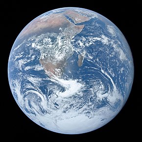Photograph of Earth, taken by the Apollo 17 mission. The Arabian peninsula, Africa and Madagascar lie in the lower half of the disc, whereas Antarctica is at the top.
