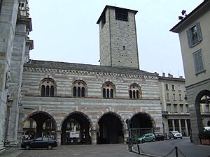 The polychrome marble facade of the Broletto, Como.
