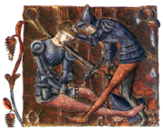 1344 medieval miniature showing the decapitation of Count Lozano by El Cid