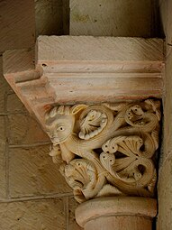 Romanesque scrollwork on a capital in the Église Saint-Laurent-et-Notre-Dame de Gargilesse-Dampierre, Gargilesse-Dampierre, France, unknown architect, 12th century