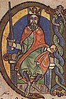 Coloured illumination of a seated mediaeval king