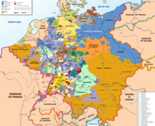 Map of the Holy Roman Empire, with the many states in different colors.