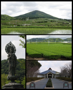 From top:Mount Ōno, statue of Buddha at Shimizu-iwaya Park, tea plantation, Chiran-Tokkō Heiwa Hall