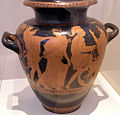 Theseus leading Helen to a chariot arranged by Peirithoos. Helen's sister, Phoibe (on the right), watches on. Attic red-figure stamnos by Polygnotos, ca. 430-420 BC.