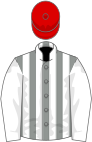 Grey and white stripes, white sleeves, red cap