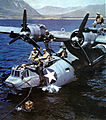 A Consolidated PBY Catalina seaplane and its crew, the plane is like the one Hope and Thomas used in the 1944 tour.