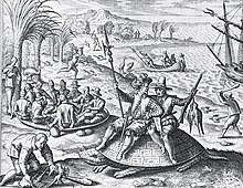 Illustration of 16th-century men hunting parrots