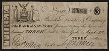 Bank of New York 3 dollar banknote