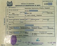 A 1979 Singapore certificate of registration of birth, indicating the child was a citizen of Singapore at birth