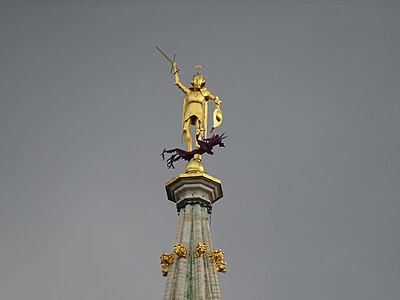 The copy of the statue placed at the top of the tower