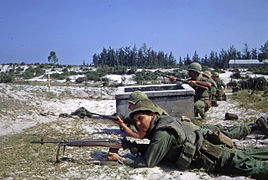 Battle of Hamo Village During the Tet Offensive. US Marines and ARVN troops defend a position against enemy attack. Photo taken circa January 1968.