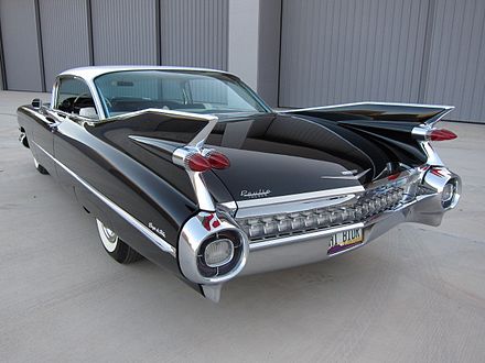 Iconic rocket ship-shaped tail lights and fins on a 1959 Cadillac Coupe de Ville