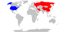 A world map with the United States in blue and China, Iran, North Korea, and Russia in red