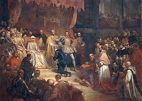 Abdication of Emperor Charles V. The painting shows his sister, Queen Mary of Hungary, wearing white even though she never wore anything but black after her husband's death, 1841