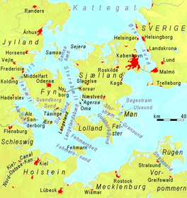 A map showing the Straits of Denmark and southwestern Baltic Sea. The Great Belt (labelled with its Danish name Storebælt) is slightly left of center.