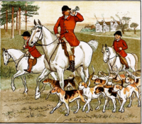 Caldecott's illustrations in The Fox Jumps Over the Parson's Gate (1883) show the subtle blend of colours Evans achieved with only a few colour blocks.[40]