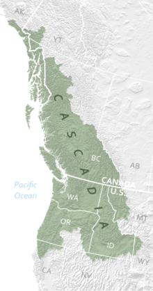 Map of the Cascadia bioregion including Canadian provinces and United States borders
