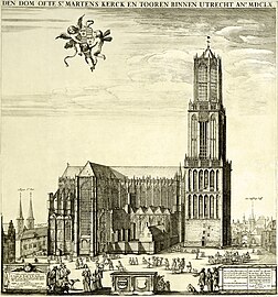 View of St. Martin's Cathedral from the north, before the nave's collapse. Etching after Steven van Lamsweerde, 1660