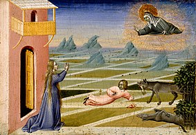 Giovanni di Paolo, Saint Clare Rescuing a Child Mauled by a Wolf ** (c.1453-1462), 20.6 x 28.1 cm.
