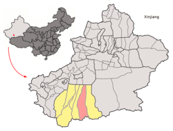 Location of the county (red) within Hotan Prefecture (yellow) and Xinjiang
