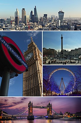 Montage von London. Klicken auf eines der Bilder lädt den entsprechenden Artikel.