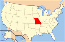 Map of the United States, showing the location of Missouri in red. Missouri is roughly in the center of the United States, south of Iowa, West of Illinois, Kentucky, and Tennessee, North of Arkansas, and East of Kansas, Nebraska, and Oklahoma.