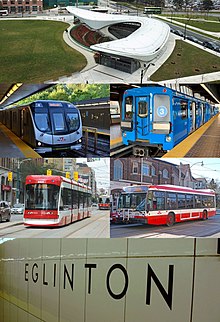 From top, clockwise: York University station, an S-series rapid transit train, a Nova Bus bus, wall tile signage at Eglinton station featuring the Toronto Subway typeface, a Flexity Outlook streetcar, and a Toronto Rocket subway train