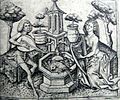 Musizierendes Paar. Halsbandsittich Mitte am Brunnenrand, Meister E. S. (ca. 1420 - 1468) war ein unbenannter Kupferstecher, Goldschmied und Maler, der nach seiner Signatur benannt wurde. Er war ein herausragender früher europäischer Drucker.