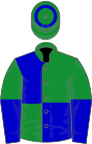 Green and blue quartered, halved sleeves, green cap, blue hoop