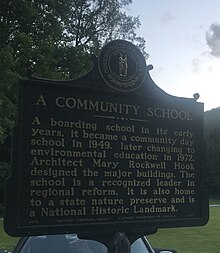 Sign for Pine Mountain Settlement School that marks it as a National Historic Landmark.