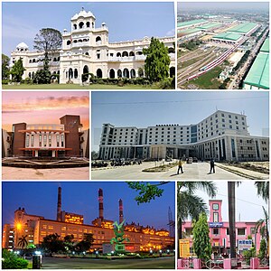 Left to Right, Top to Bottom: Mahesh Vilas Palace, Modern Coach Factory, NIFT Campus, AIIMS, NTPC Plant, District Hospital