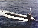 Permit-class nuclear-powered attack submarine surfaced and underway at sea in an undated photograph.