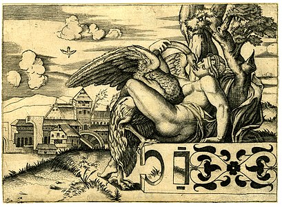 This engraving of Leda and the Swan is not present in the woodcut booklet. It is thought to be by Agostino Veneziano.[12] It is speculated that this image is based on an image that was in the Giulio and Marcantonio edition of I modi. 1524–1527?[12]