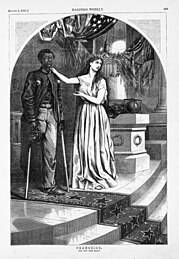 Columbia in an 1865 Thomas Nast cartoon asking the government to allow black soldiers to vote