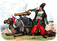 A drawing of a camel with a cannon on top of him.