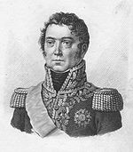 Black and white print of a round-faced man with curly hair. He wears the uniform of a high ranking general of the Napoleonic era, with epaulettes, a high collar, and lots of gold embroidery on the lapels.