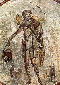 Christian souls as lambs with the Good Shepherd. San Callisto catacomb, Rome, 3rd century