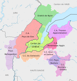 Map of the Grand Genève GLCT, showing national and subnational boundaries. (Canton de Geneve and District de Nyon are in Switzerland, while the 8 other councils (CC & CA) are in France)