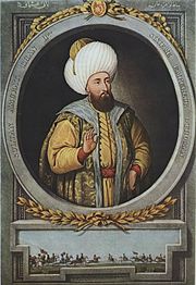 Half-portrait of a bearded man wearing a large turban, surrounded by an oval frame, with a hunting scene below