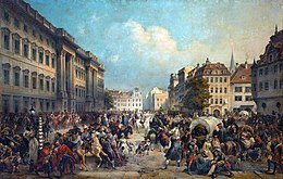 Painting of Austrian and Russian cavalry in the streets of Berlin, surrounded by frightened civilians